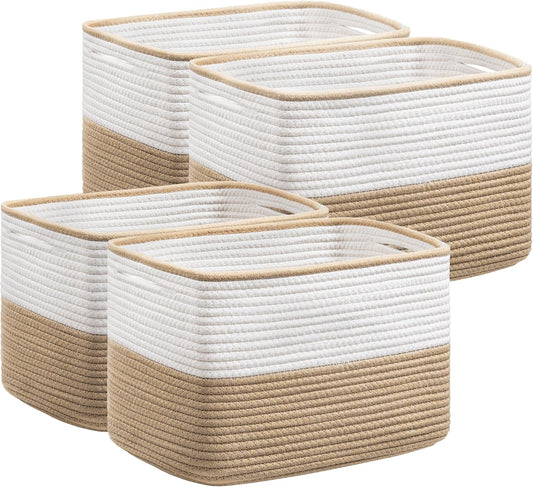 UBBCARE 4 Pack Baskets for Organizing, Woven Storage Baskets for Toys and Towel, Rectangle Cotton Rope Basket with Handles, 15''L x10''W x9''H, Brown