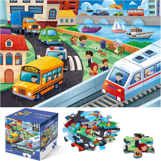 Jumbo Floor Puzzle for Kids,City Transportation Jigsaw Large Puzzles,48 Piece City Life Vehicle Puzzle for Toddler Ages 3-5,Children Learning Preschool Educational Toys,Gift for 4-8 Years Old