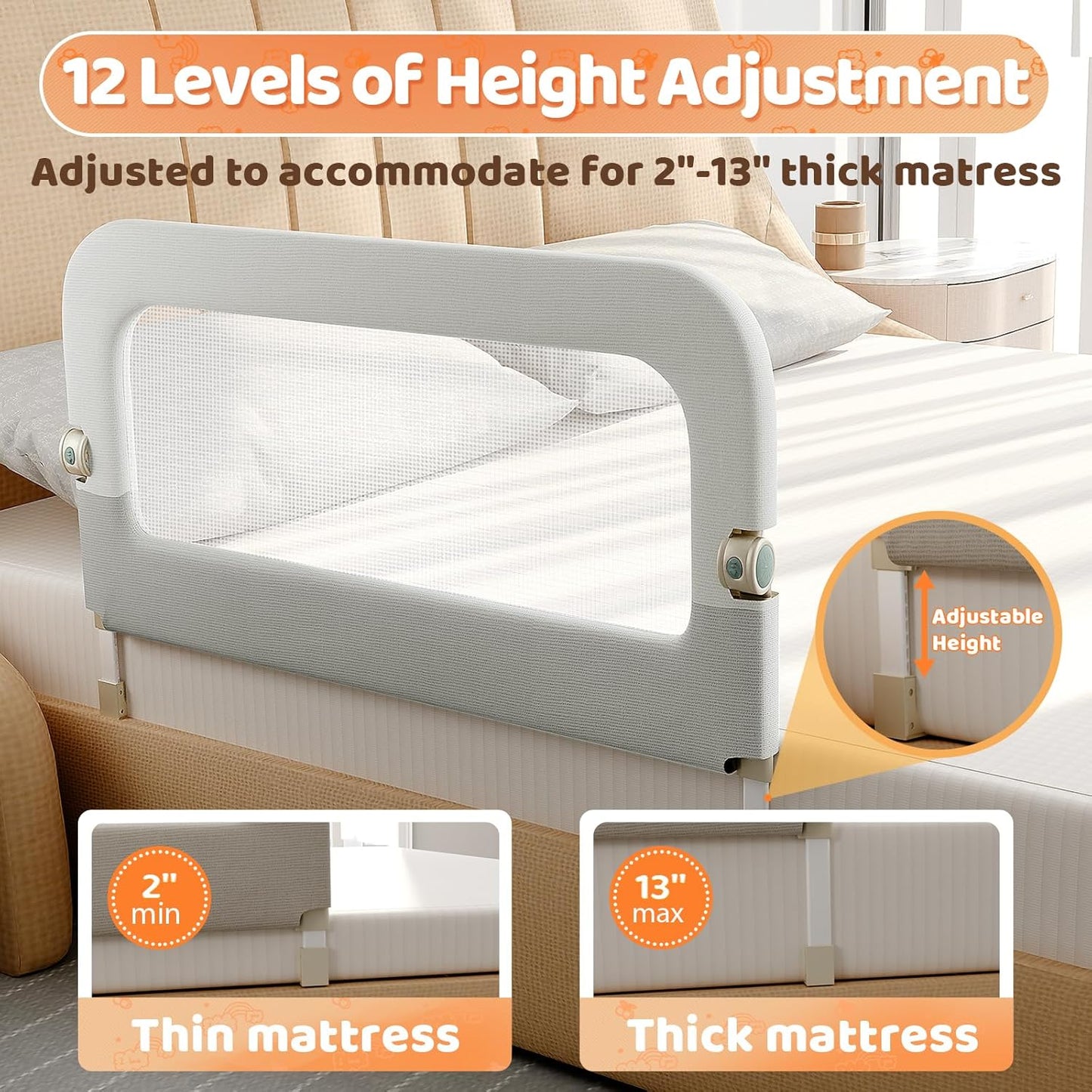Large Bed Guard Rail for Toddlers - 59inch Foldable & Adjustable Heights Baby Bed Safety Railing - Toddler Long Bed Rails Guard for Twin, Bunk, Queen & King, Full Size Bed