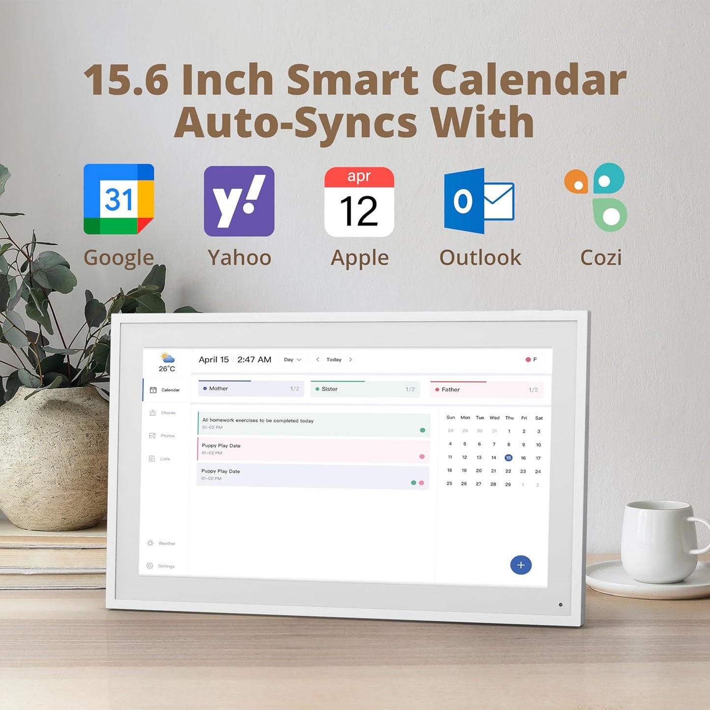 Digital Calendar 15.6" Chore Chart – 1080P Full HD Interactive Touchscreen, Smart Family Planner, Hearth Display Digital Wall & Desk Mountable for Seamless Scheduling