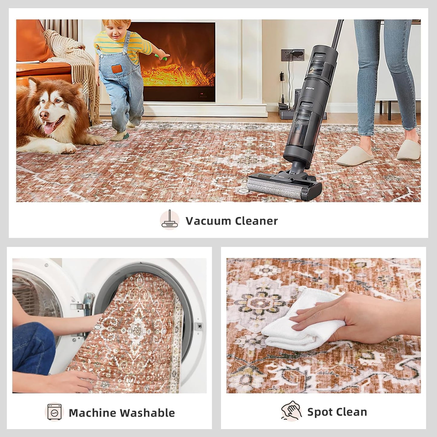 8x10 Rugs for Bedroom, Vintage Washable Rugs Non Slip Large Area Rug for Living Room Dining Room Office, Floor Decoration Big Carpet Low-Pile Kid & Pet Friendly(Border Brick Red)