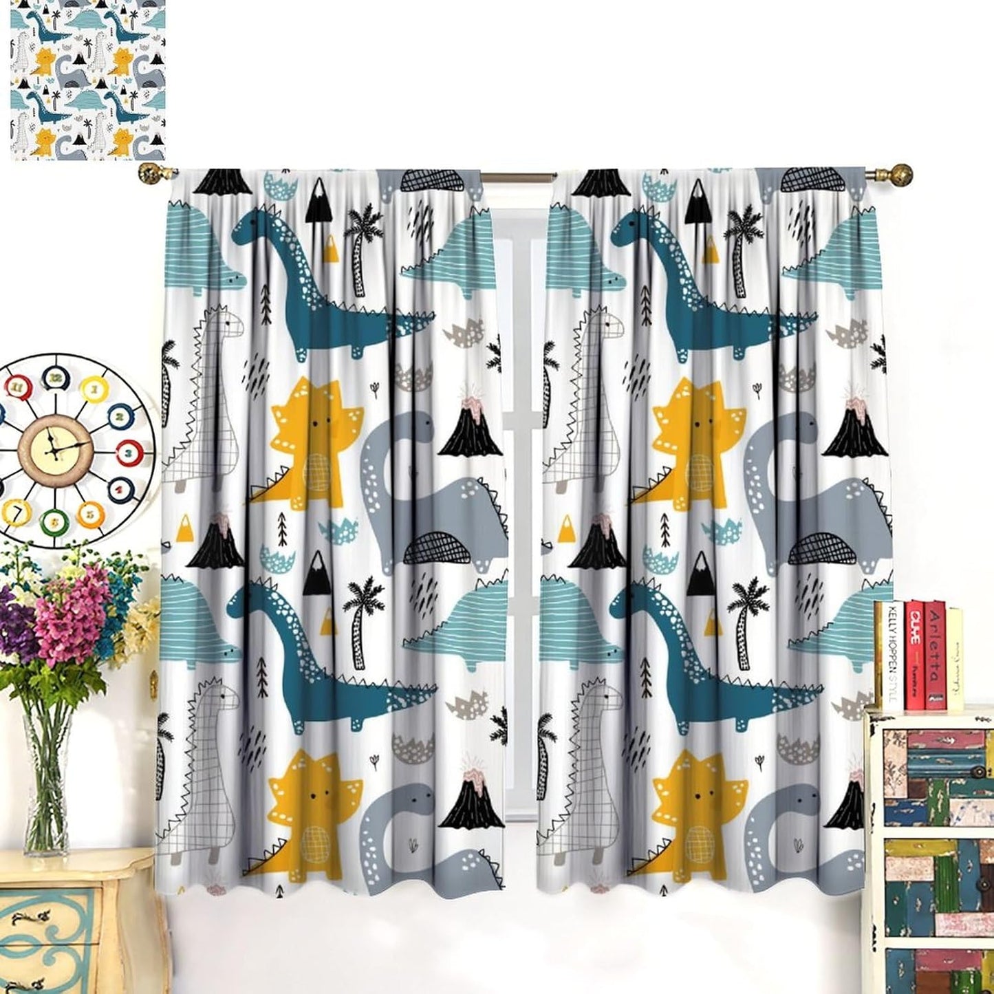 Kids Dinosaur Curtains for Boys Girls Bedroom Decor Cartoon Dino Colorful Cute Funny Wildlife Animal Printed Blackout Rod Pocket Window Drapes for Baby Nursery Playroom Living Room W21xL45in 2 Panels