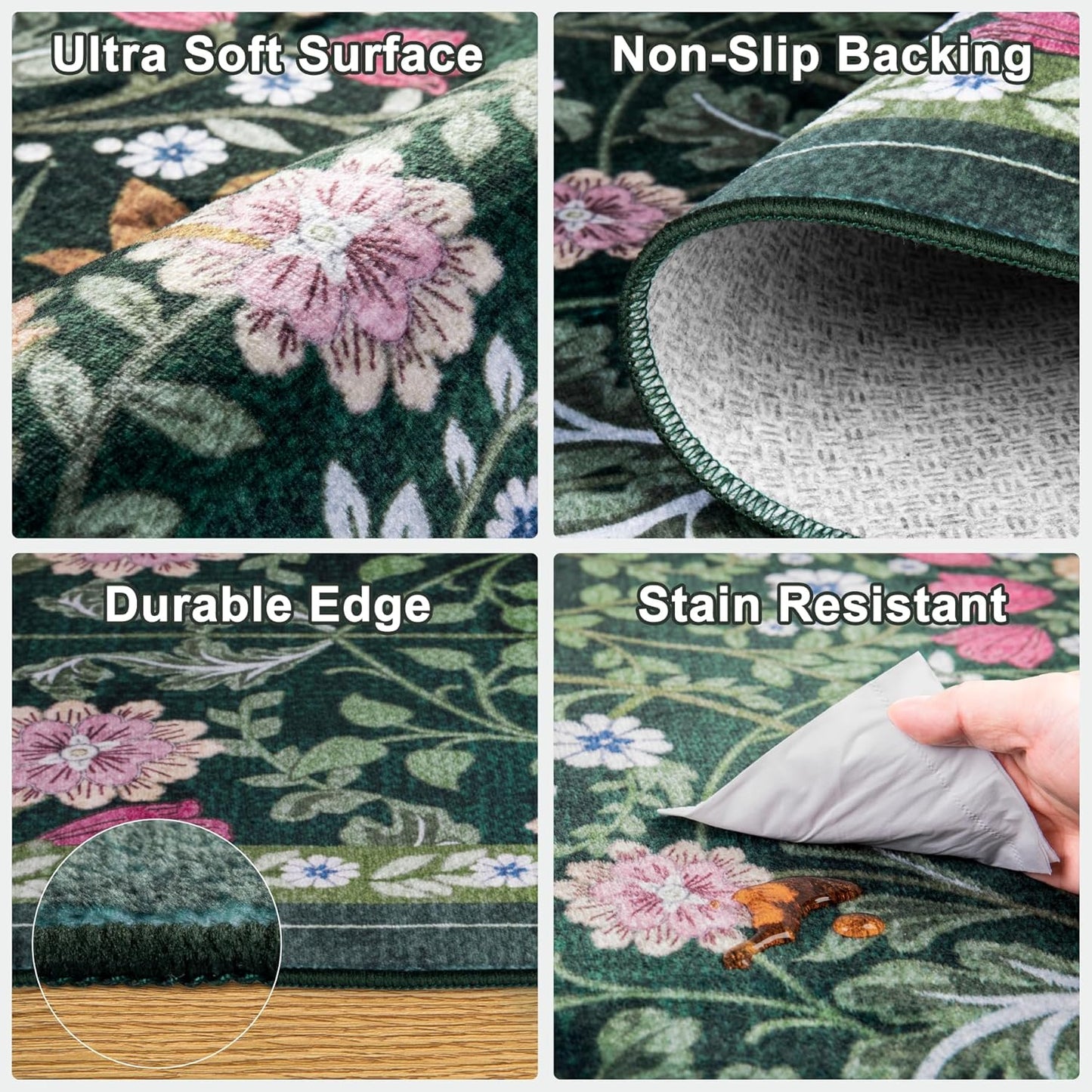 10x14 Area Rugs for Living Room: Floral Washable Rug Vintage Large Soft Boho Non-Slip Carpet Stain Resistant Low Pile Carpets for Bedroom Dining Room Farmhouse Nursery Hallway Home Office Dark Green