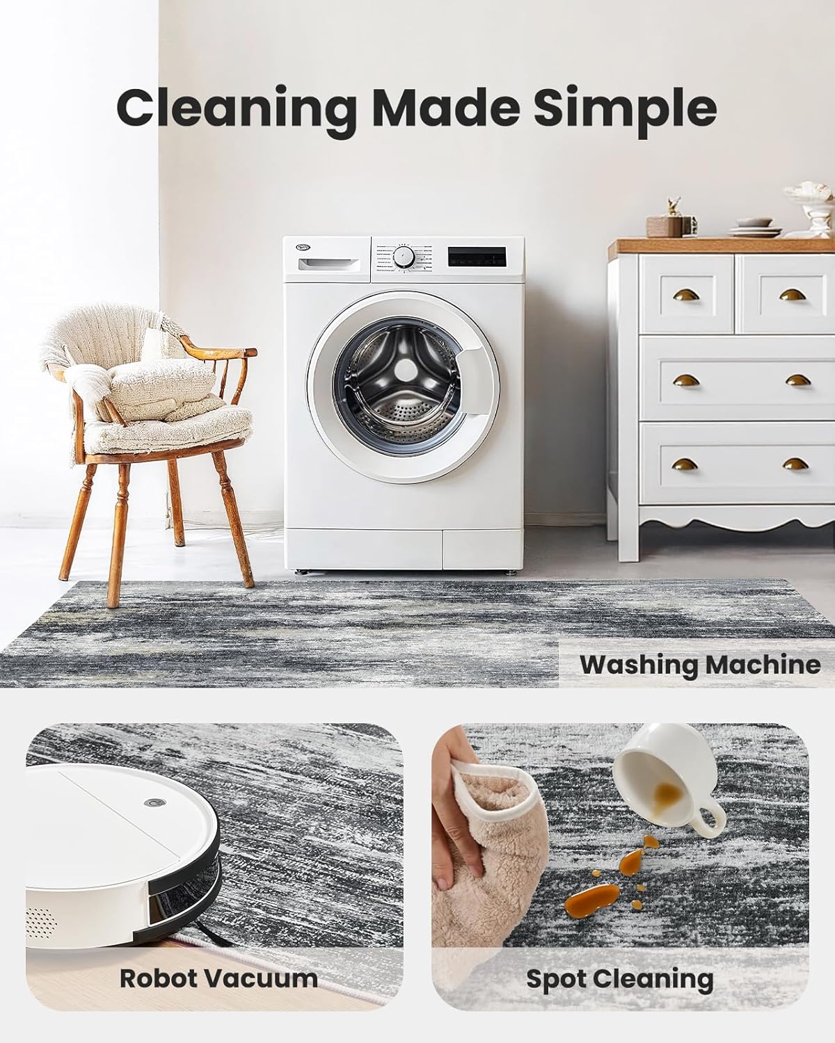 AMADA HOMEFURNISHING 6x9 Washable Area Rug, Modern Abstract Living Room Rug with Non-Slip Backing & Short Pile, Large Rug with Abstract Pattern for Living Room, Bedroom and Dinning Room, Light Grey