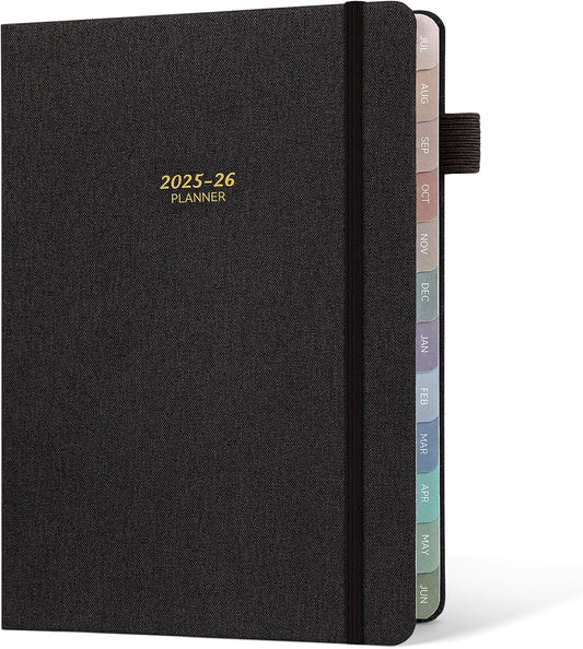 Getink Linen Cover 2025-2026 Planner Weekly & Monthly Daily Agenda Book,2025-2026 To Do List Notebook with Colorful Monthly Tabs, Inner Pocket, Elastic Closure (Black, 7.3 * 10)
