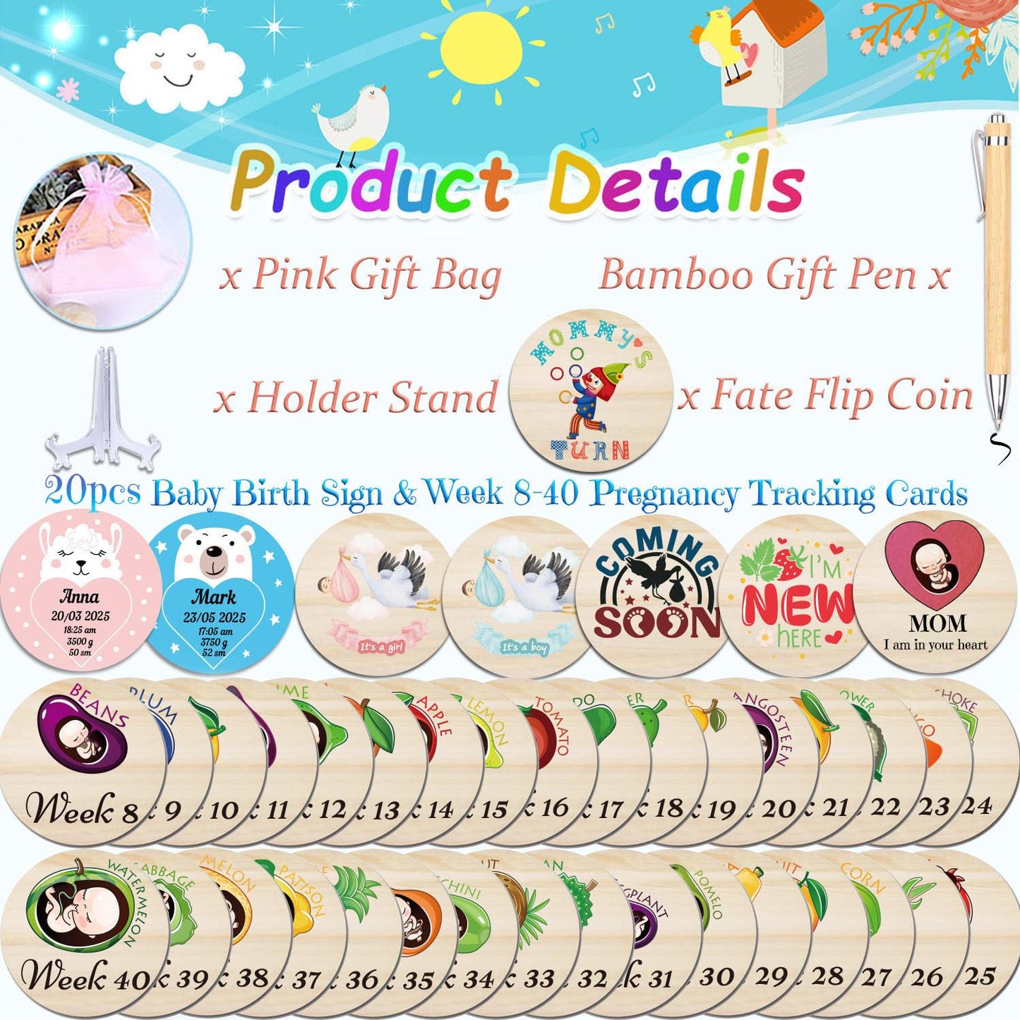 42 Designs Pregnancy Weekly Milestone Signs - Wooden Weekly Baby Bump Tracker Milestone Discs - Trimester Pregnancy Must Haves - Essential Gifts for Mommy to Be (Pregnancy Milestones Cards)