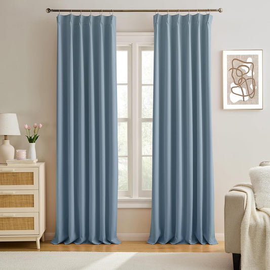 KEQIAOSUOCAI Dusty Blue Pinch Pleated Curtains 138 Inches Long Room Darkening Draperies Luxury Decor for Living Room Nursery (Stone Slate Blue 40x138 Inch 2 Panels)