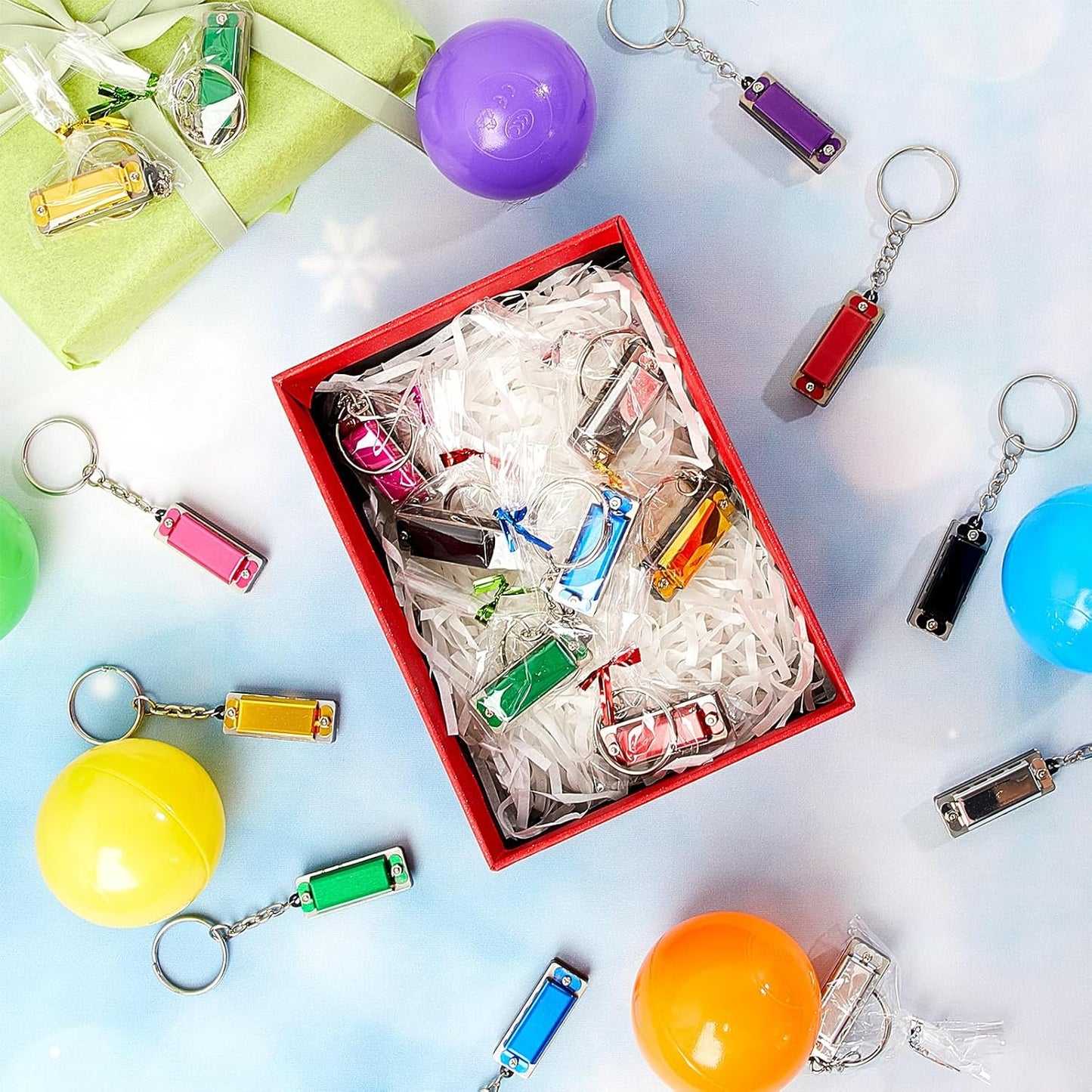 Ecally 16 Pcs Mini Harmonica Keychain for Kids Operation Christmas Favors Portable Wind Instruments 4 Holes 8 Tunes Harmonica Music Party Favors Cute Music Keychain Accessory (Multicolor)