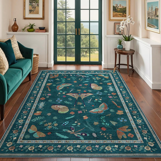 6x9 Rugs for Living Room with Insect Print - Bug Rug Non-Silp Stain Resistant Soft Carpet for Bedroom, Low Pile Ultra-Thin Machine Washable Carpet for Dining Room, Kids Nursery, Office (6'x9' Teal)