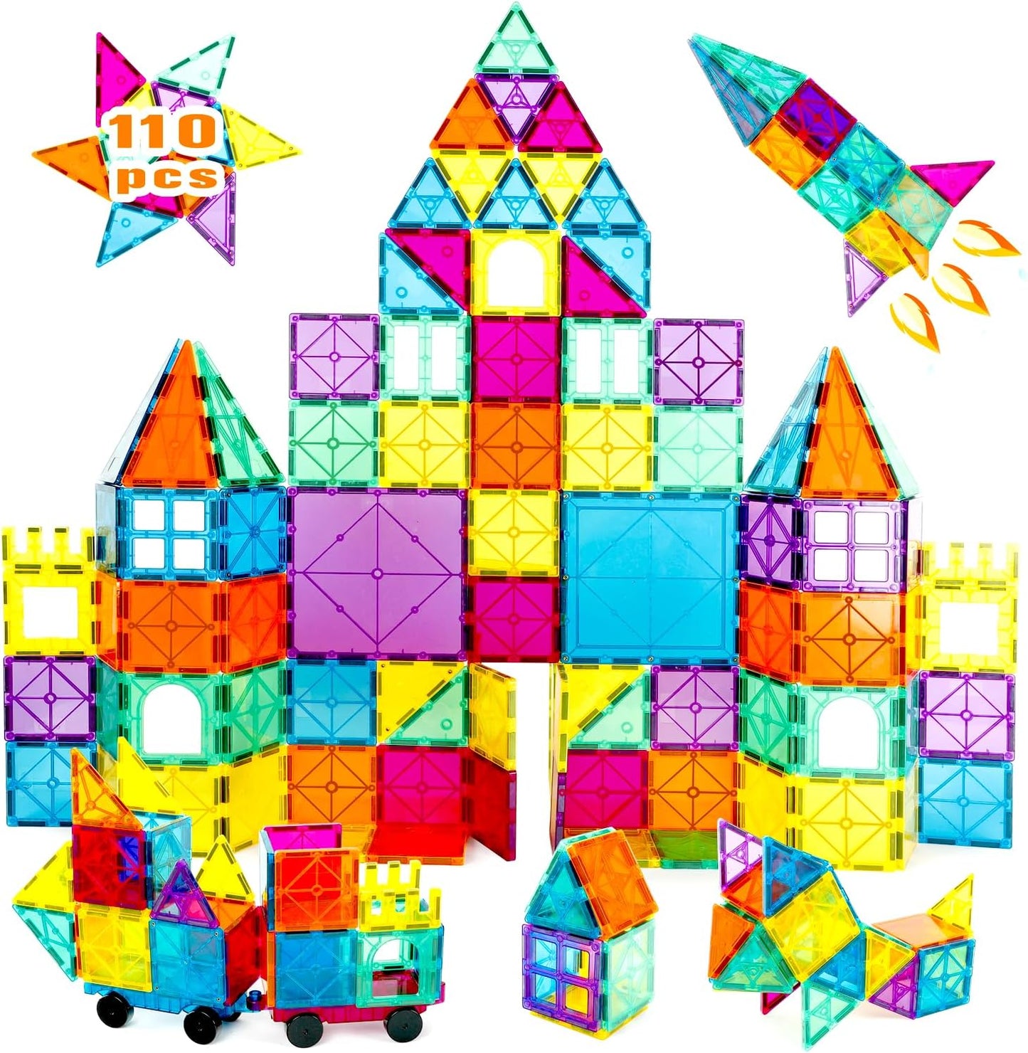110PCS Magnetic Tiles with 2 Cars, STEM 3D Building Blocks for Kids Ages 3-8, Montessori Magnet Construction Toys for Preschool Classroom