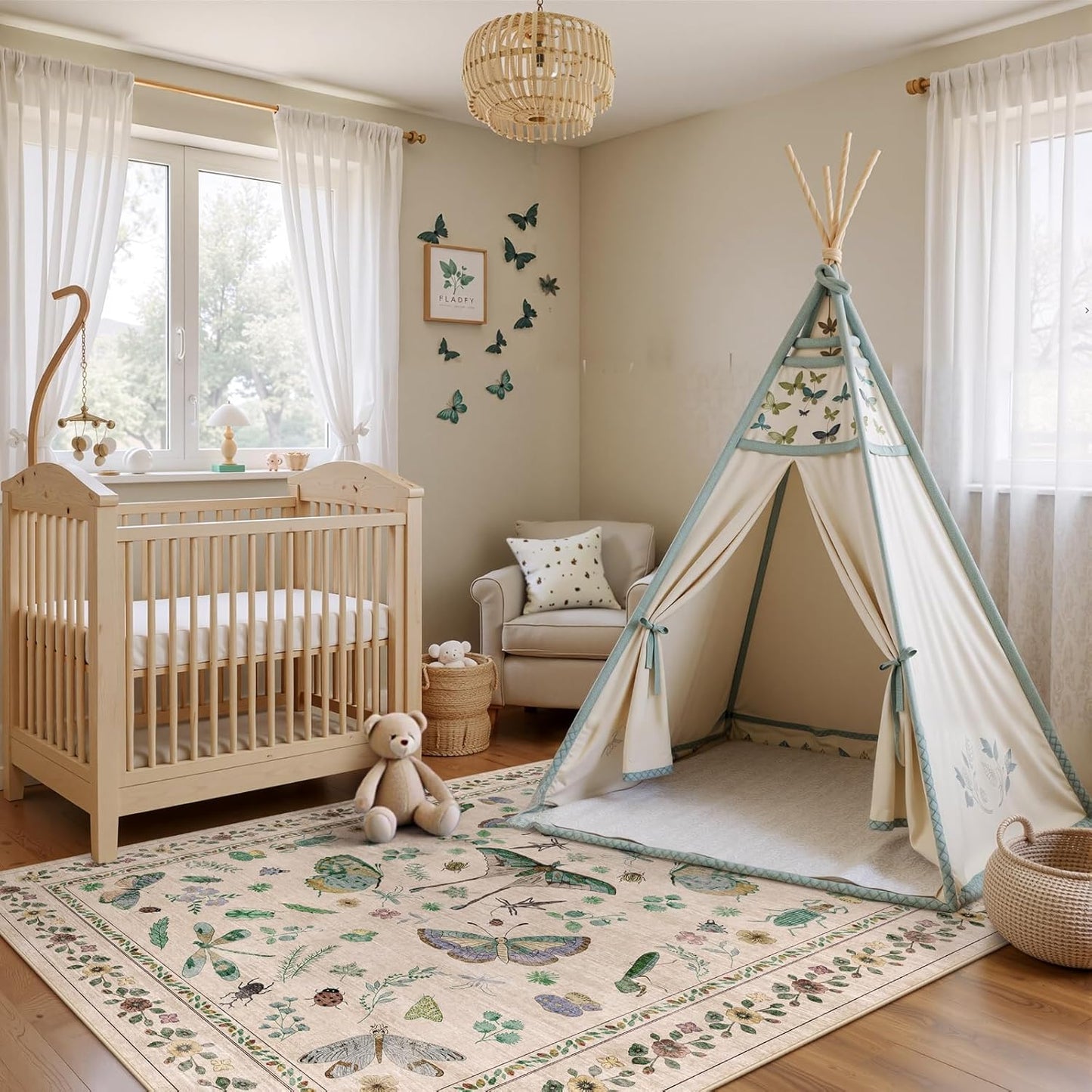 6x9 Rugs for Living Room with Insect Print - Bug Rug Non-Silp Stain Resistant Soft Carpet for Bedroom, Low Pile Ultra-Thin Machine Washable Carpet for Dining Room, Kids Nursery, Office (6'x9' Beige)