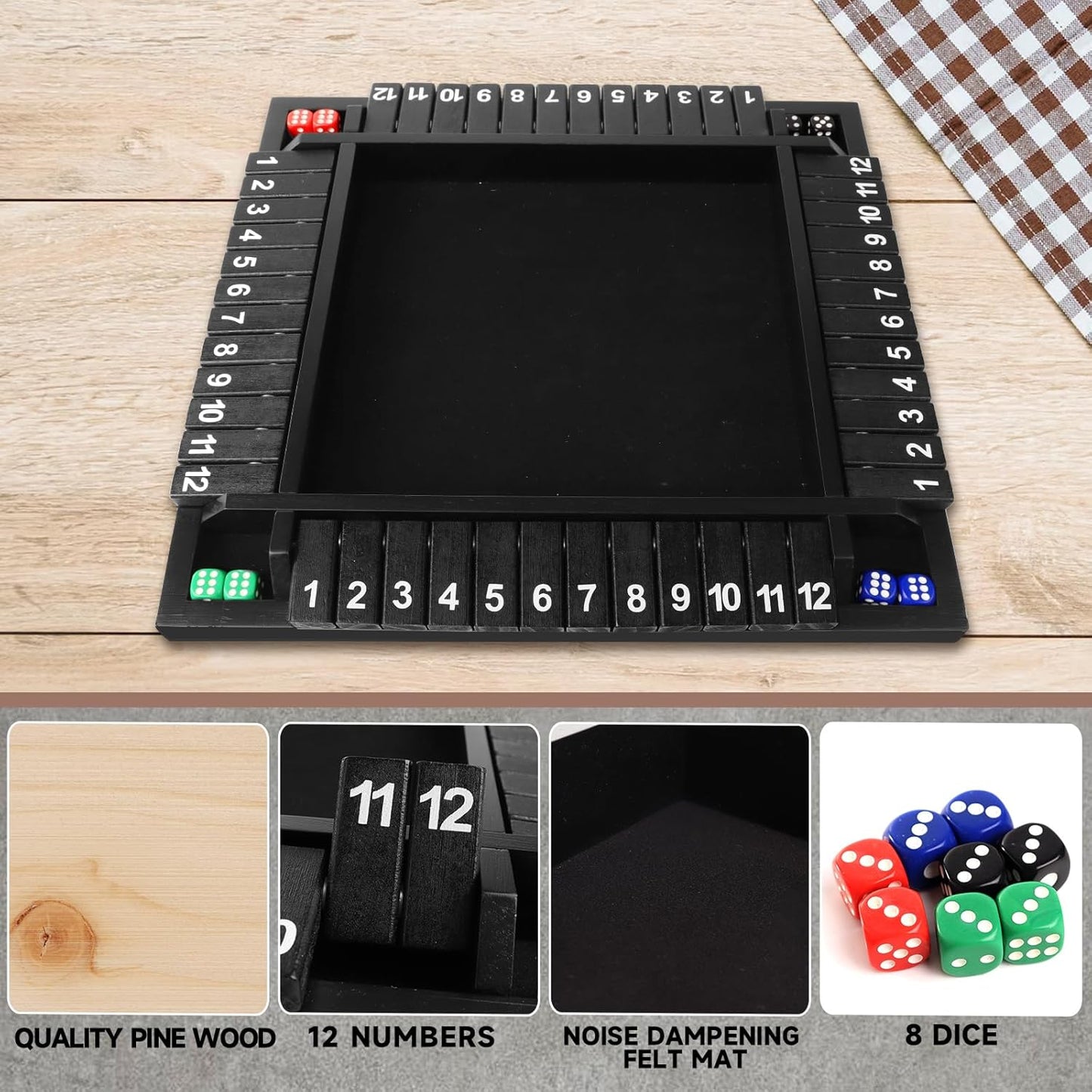 GSE Games & Sports Expert 1-4 Player Wooden Shut The Box Board Game with 8 Dice. 4-Way 12 Numbers Shut The Box Dice Set of Popular English Pub Board Game - Black