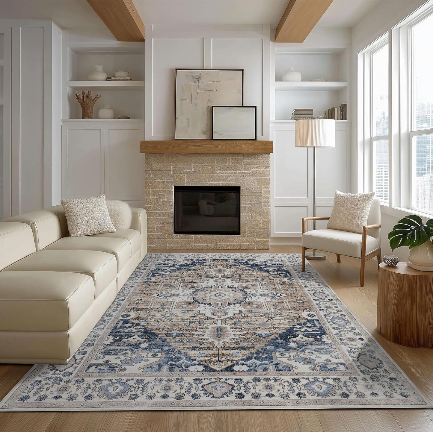 9x12 Area Rug Living Room Rugs, Stain Resistant Washable Rug, Vintage Large Non-Slip Backing, Low Pile Lightweight Print Rug for Bedroom Dinning Room Home Office (Taupe/Blue)