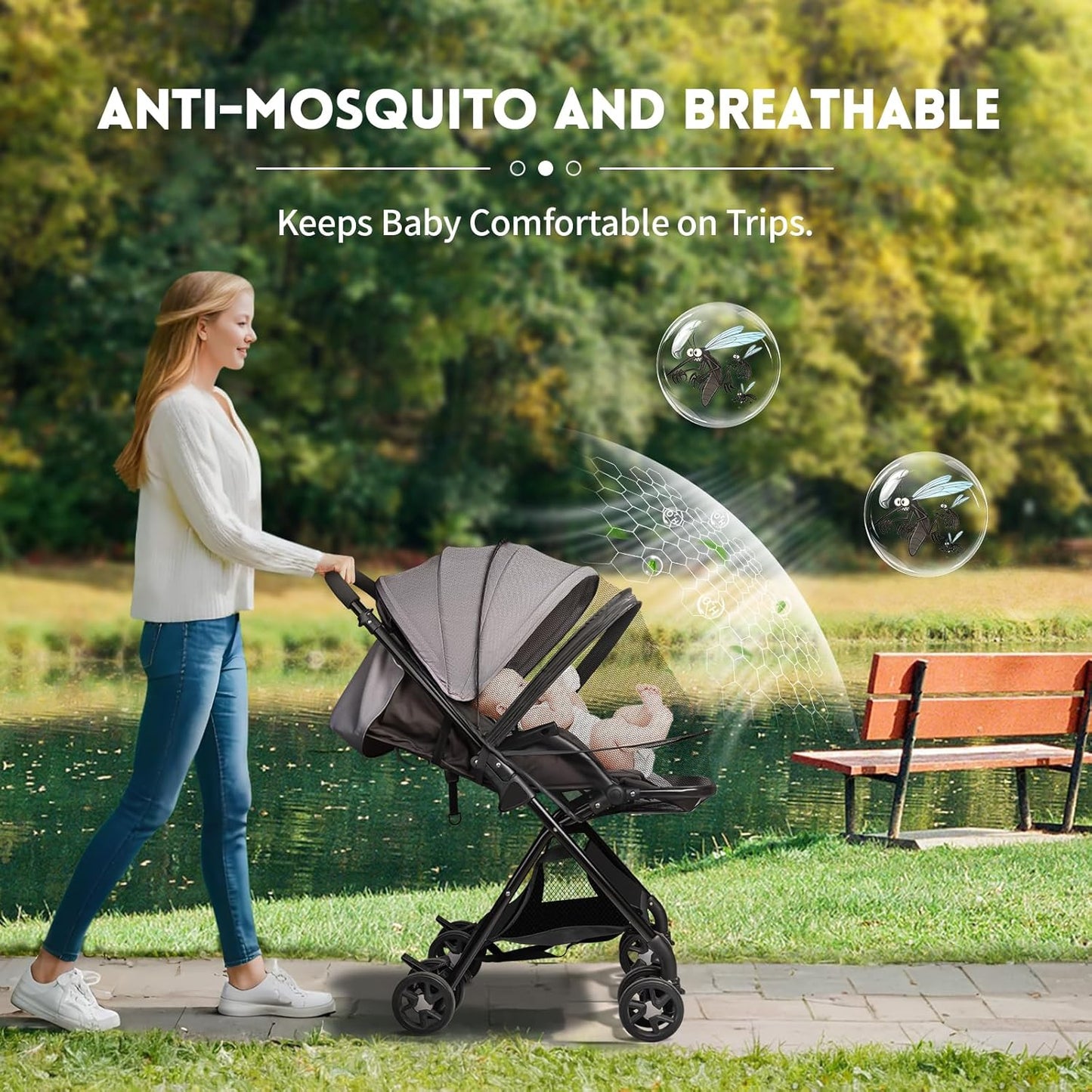 Bemece Universal Baby Stroller Mosquito Net, Durable Mosquito for Stroller with Two-Way Zippers & Storage Bag, Breathable & Foldable Mosquito Nets, Perfect Bug Net for Strollers