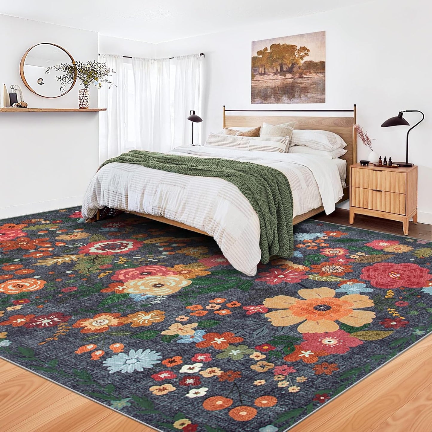 9x12 Area Rug for Living Room: Vintage Floral Washable Rug Soft Boho Non Slip Carpet Large Indoor Floor Non Shedding Low Pile Thin Carpets for Bedroom Dining Room Farmhouse Nursery Home Office Black