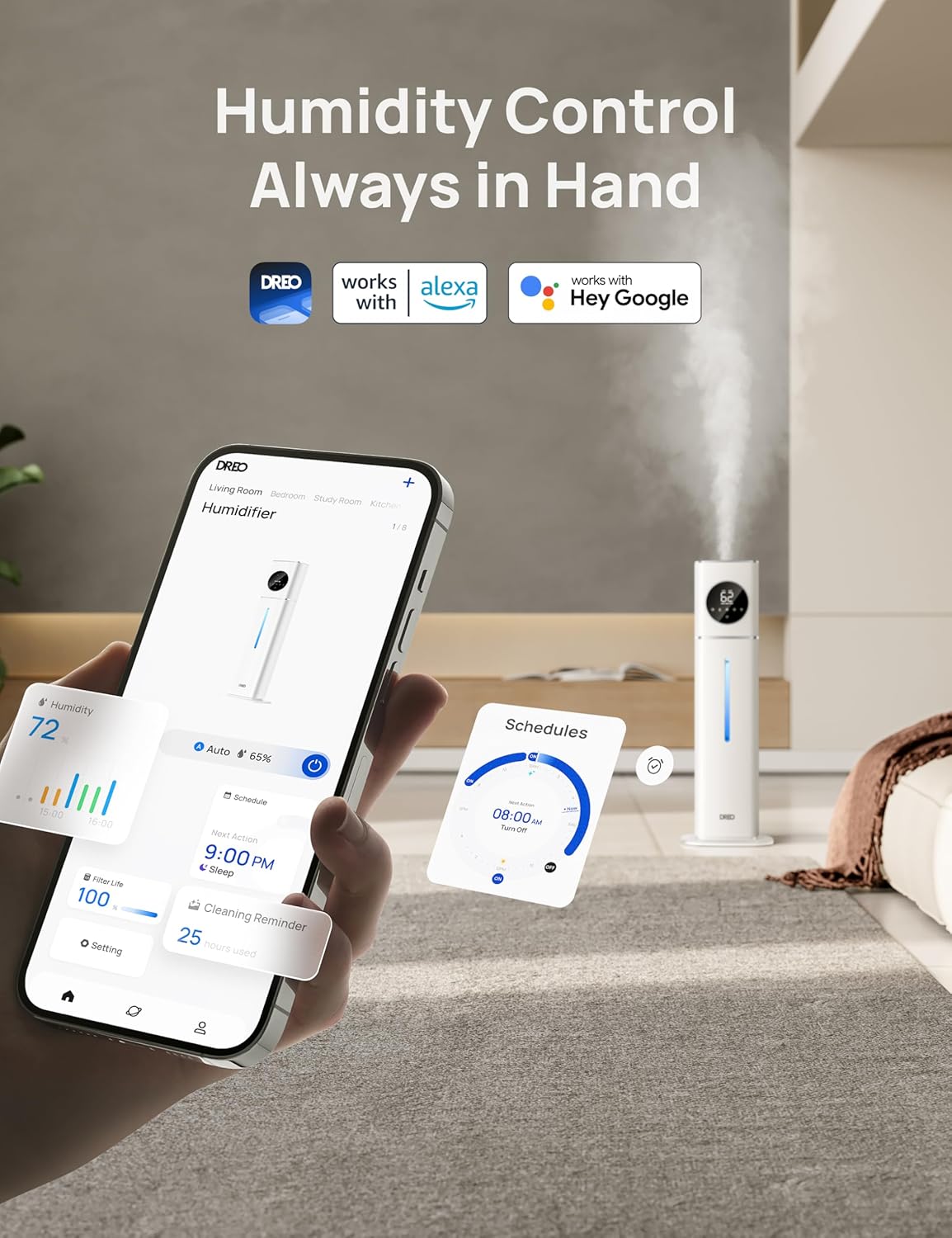 Dreo 11L Smart Humidifier Large Room 700 ft², 100H Cool Mist Air Humidifiers for Bedroom, Top-Fill Self-Cleaning Tank, 26dB, Auto Mode, Aroma Box, RGB Light, Remote & APP Control, Baby, Plant, Silver