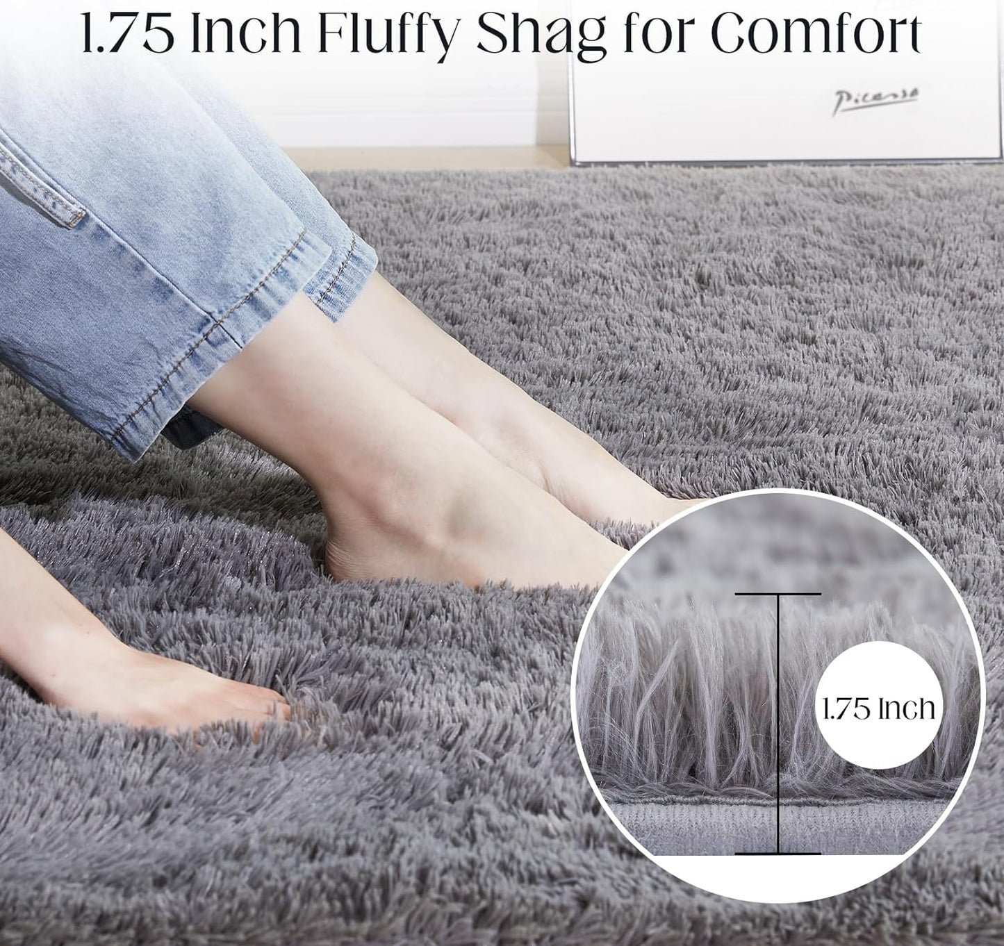 8x10 Grey Fluffy Rug, Ultra Soft Area Rugs for Living Room, Plush Indoor Carpet, Anti-Skid High Pile Luxury Rugs for Bedroom, Nursery, Kids Room, Playroom, Home Decor