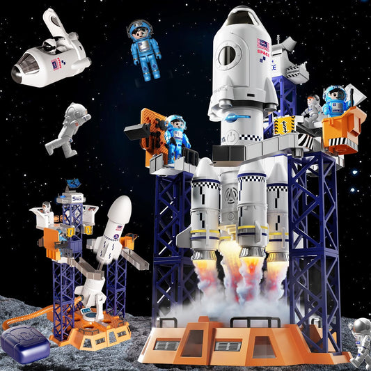 2-in-1 Rocket Launcher and Space Shuttle Toys Model for Kids Ages 3-12, Aerospace STEM Building Toys with Mini Projector, Spaceship Educational Toys Gifts for Boys Girls