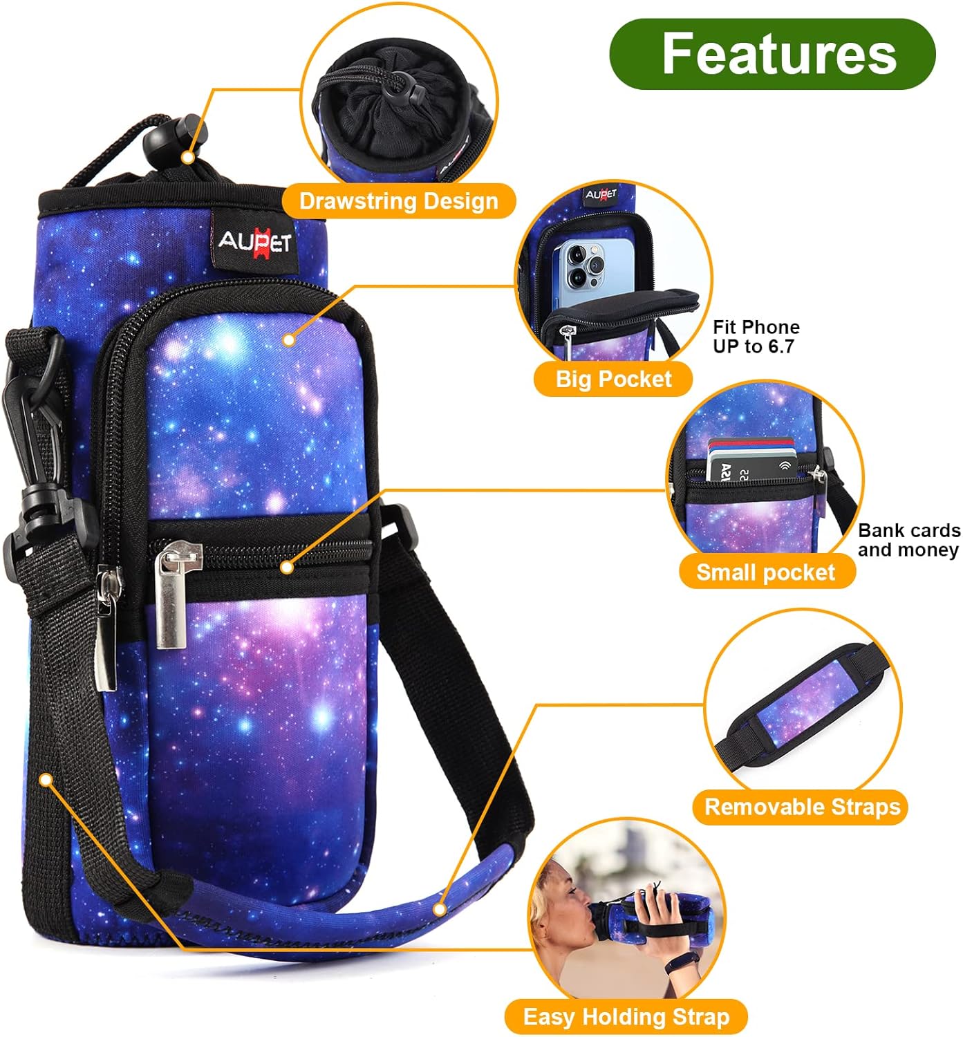 AUPET Water Bottle Sling Bag Sleeve Holder Carrier 25/32/40/64 oz,Insulated Crossbody Water Bottle Case Cover with Strap and Pockets for Men/Women Walking Hiking