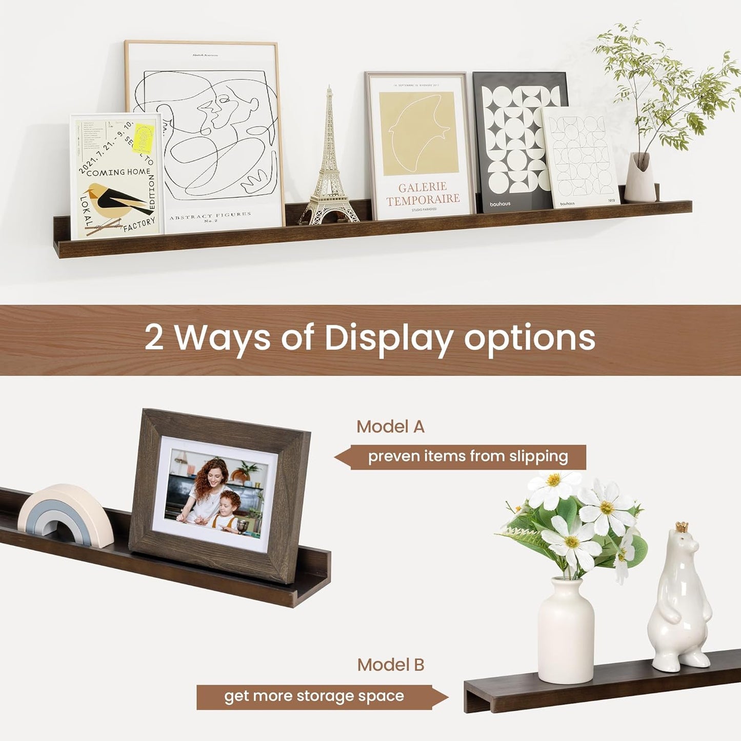 Picture Ledge Shelf, Solid Pine Wood Floating Shelves Set of 2, 40 Inches Nursery Book Shelves for Toys Storage, Kids Bookshelf Wall Mounted for Living Room Bedroom Decor Books Photo Frames, Walnut