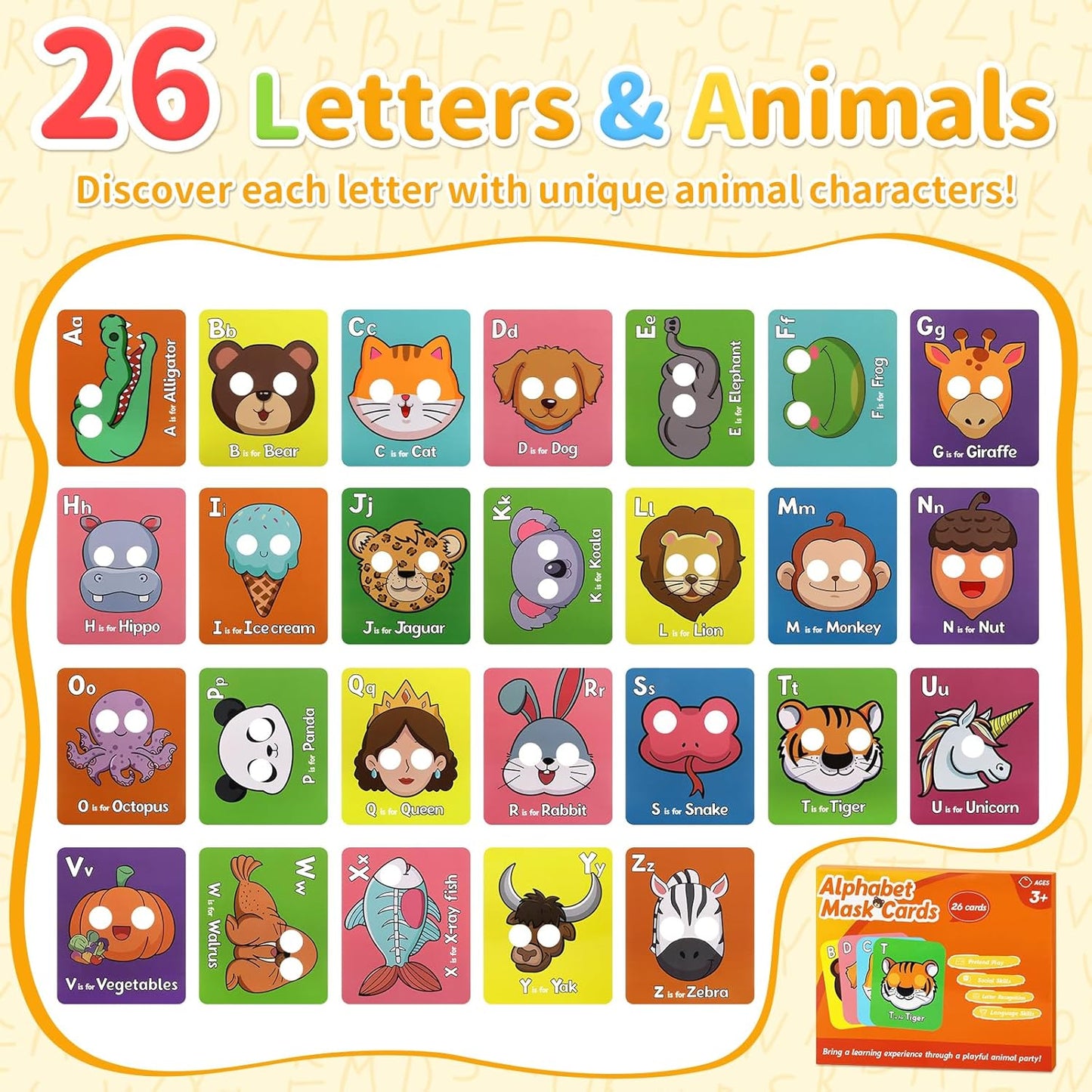 26 PCS Alphabet Mask Cards, Colorful Alphabet ABC Flash Cards with Animal Mask, Giant Letter ABC Animal Faces Flash Learning Flashcards