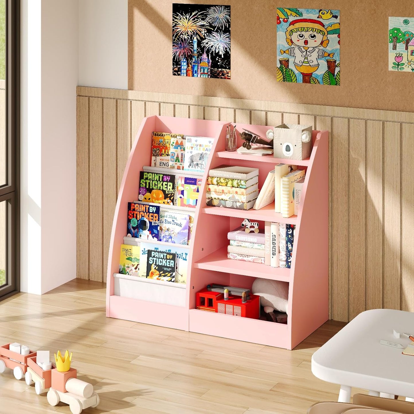 4 Tier Kids Bookshelf Set of 2,4 Layer Sling Kids Book Shelf for Kids Rooms,Wood Children Bookcase,Baby Storage Book Rack,Toddler Bookshelf, Book and Toy Organizer,Book Display Shelf for Nursery