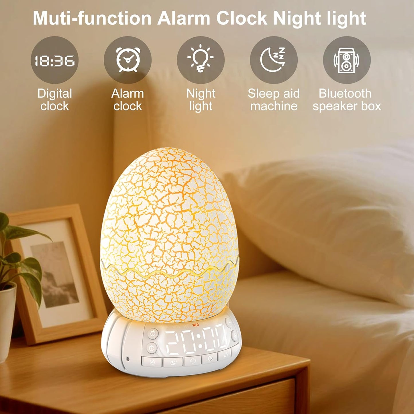 Upgraded Dinosaur Egg Alarm Clock/Digital Clock/Night Light/Music & White Noise Aid Sleep Machine/Bluetooth Speaker, Decor Ideal & Unique Lamp for Bedroom/Living Room, Gifts for Kids