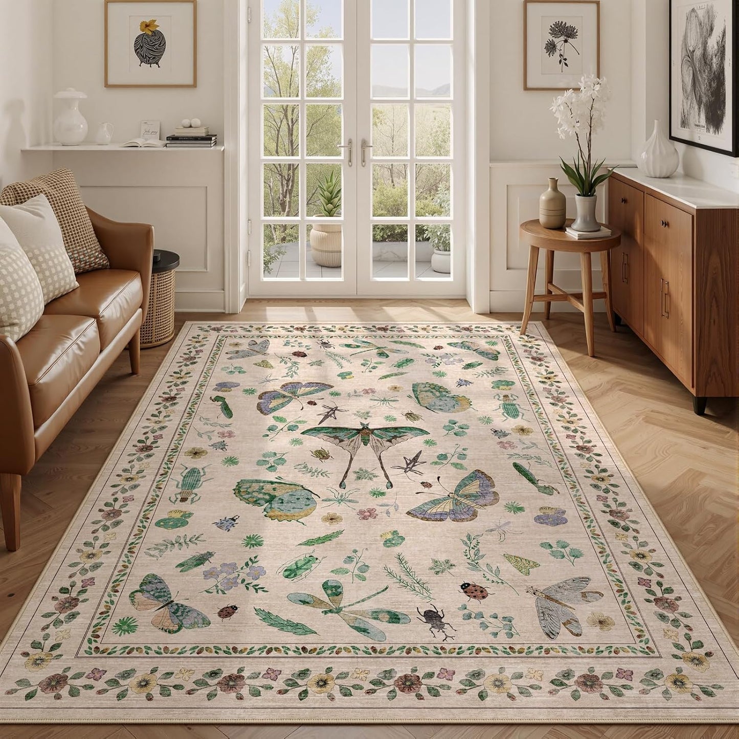 5x7 Washable Area Rug with Insect Print - Bug Rug Non-Shedding Stain Resistant Soft Carpet for Bedroom, Low Pile Ultra-Thin Machine Washable Carpet for Dining Room, Kids Nursery, Office (5'x7' Beige)