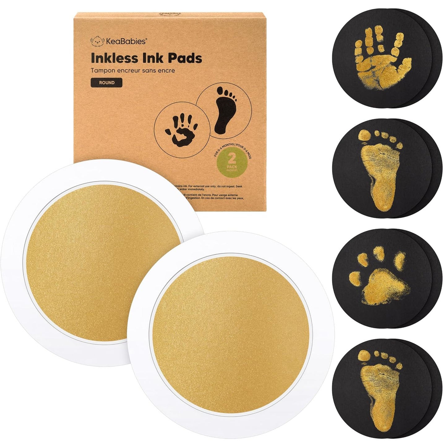 2-Pack Round Inkless Baby Hand and Footprint Kit - Mess Free Ink Pad for Newborn Keepsake, Dog Nose & Paw Print Kit, Clean Touch Ink Pad for Baby Hand & Footprints, Ideal New Mom Gifts (Gold)