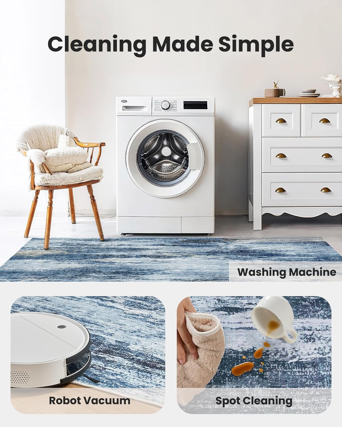 Amada 9x12 Large Area Rug, Modern Abstract Living Room Rug with Non-Slip Backing & Short Pile, Washable Rug with Abstract Pattern for Living Room, Bedroom and Dinning Room, Blue