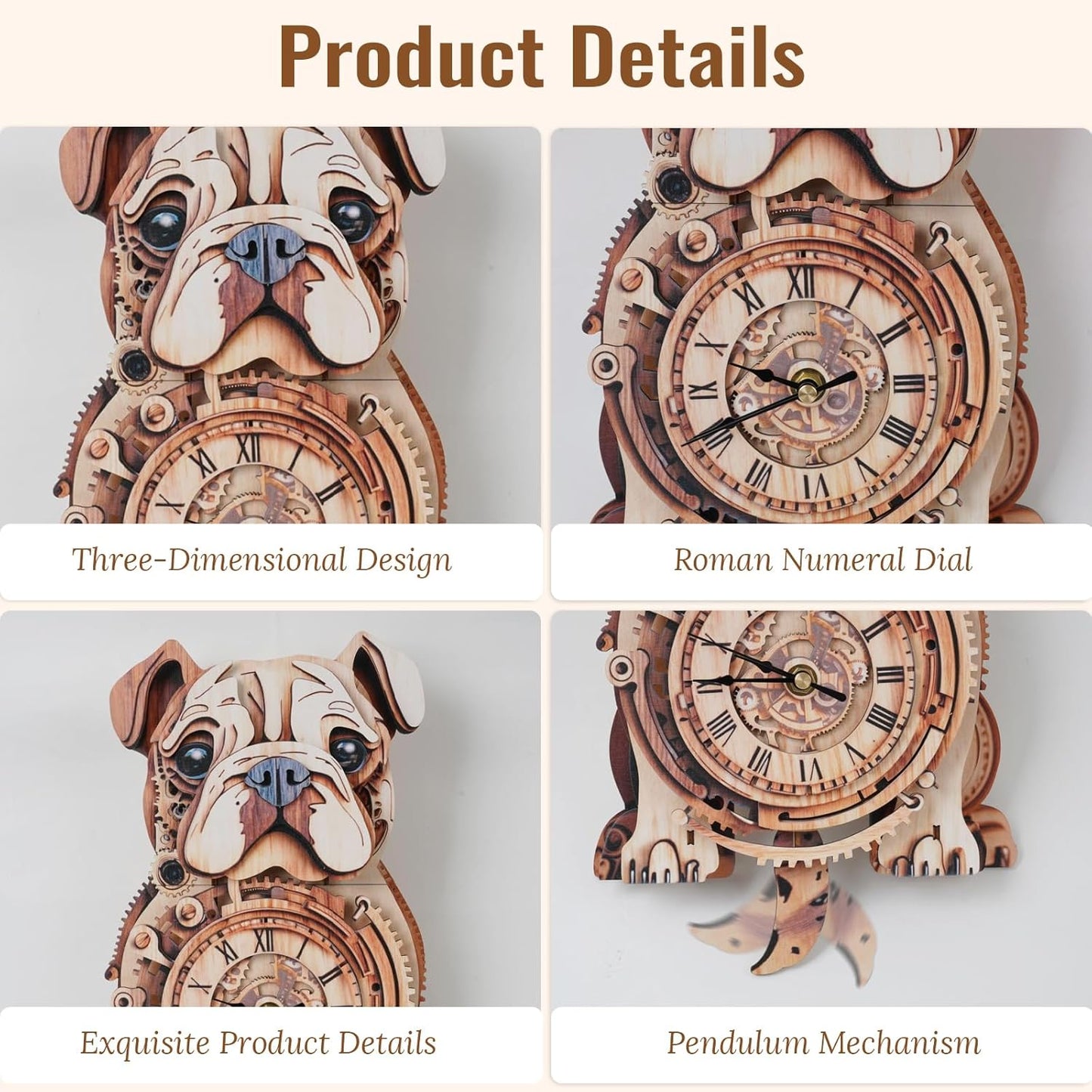 3D Puzzle for Adults Bulldog Clock - Mechanical DIY Wall Clock Kit Model Building Set Hobbies for Women Men Puzzle Home Decor & Stress Relief Craft Unique Gift for DIY Lovers