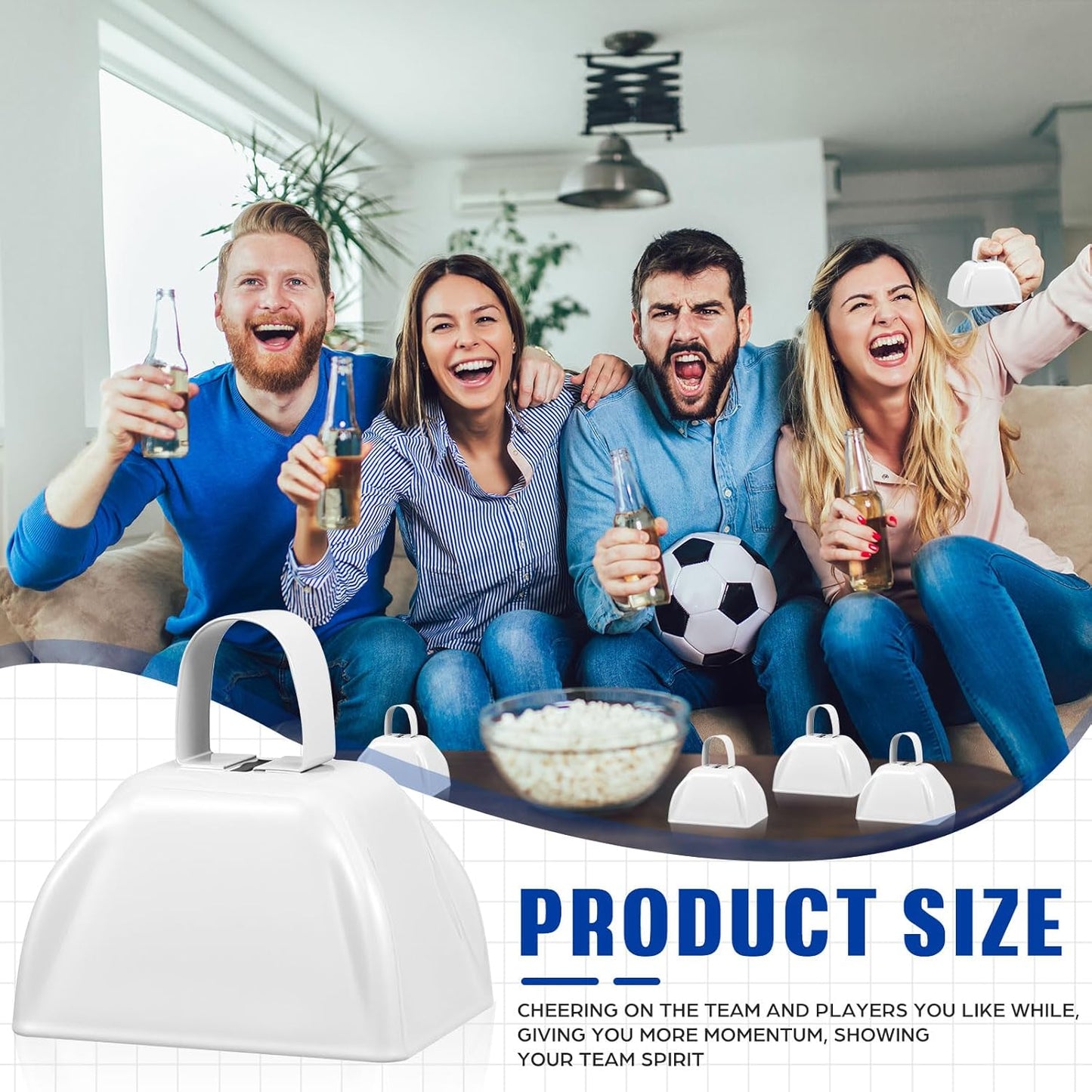 6 Pcs 3 Inch Metal Cowbells Noise Maker Hand Percussion Cow Bells with Handles for Sporting Events Cheering Noisemakers Weddings Team Spirit Sports Party Favors (White)