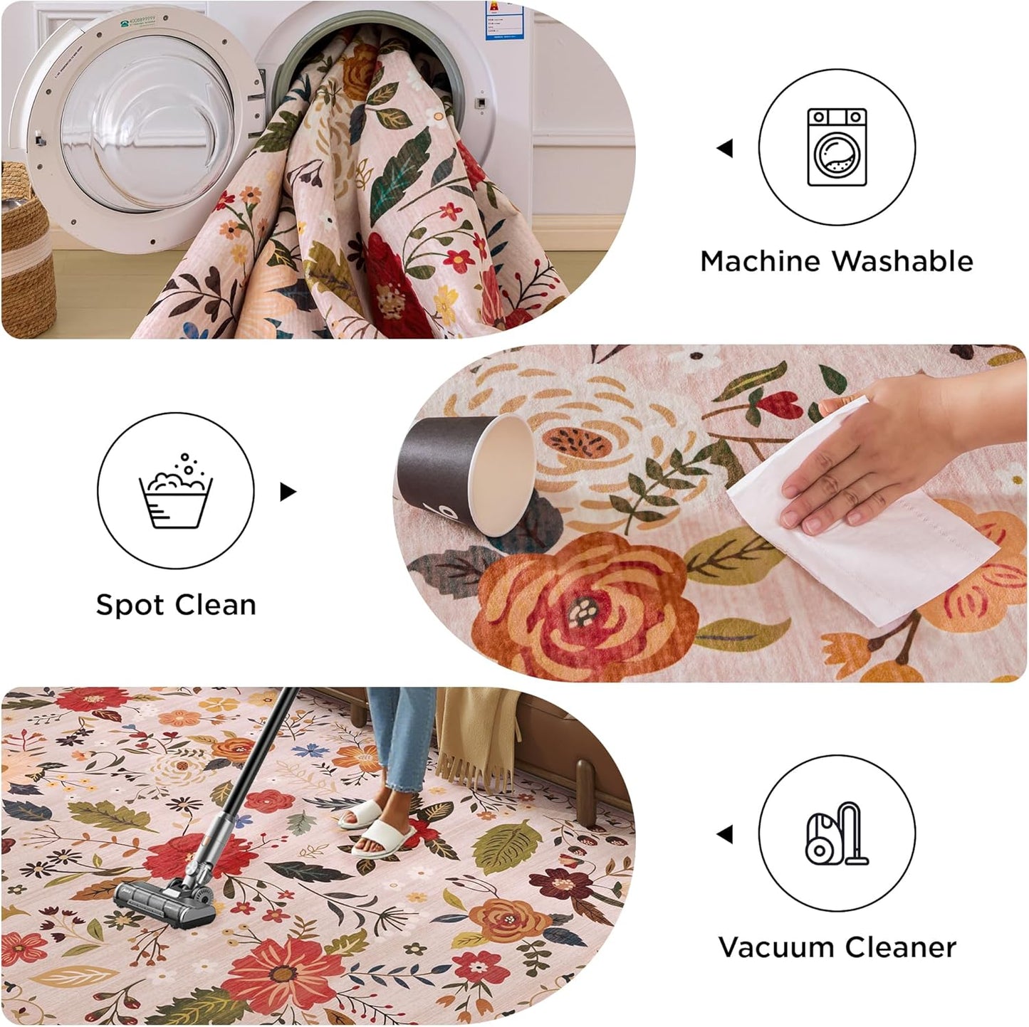 3x5 Area Rug, Floral Pink Washable Rug for Entryway, Non Slip Flower Area Rugs, Soft Low Pile Indoor Doormat Small Carpet, Rugs for Living Room Bedroom Nursery Kitchen Dining Room, Pink/Beige