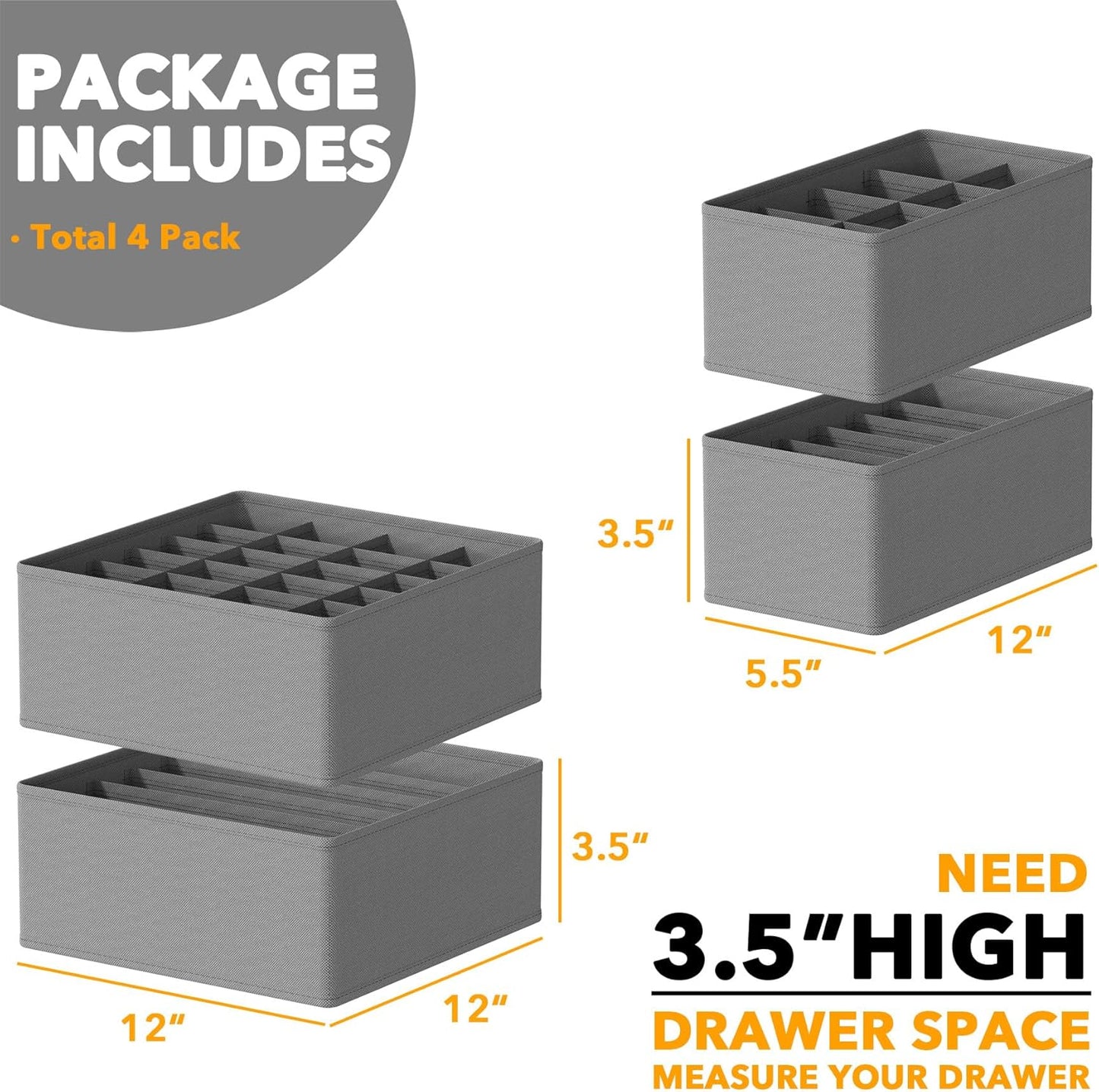 SpaceAid Underwear Drawer Organizer, 4 Pack Dresser Organizer Bins for Nursery, Closet Organization and Storage with Dividers for Baby Clothes Socks Bra Ties Scarf (Grey)