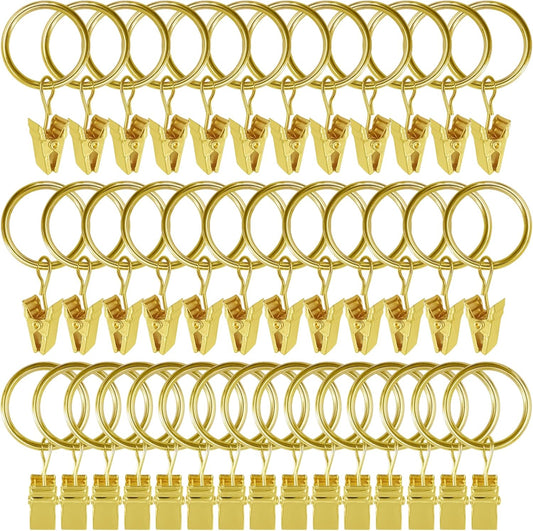 44 Pack Gold Curtain Rings with Clips, Curtain Hooks Hangers Clip Rings for Hanging Drapes Bows Hat, Drapery Rings 1 in I D, Fits up to 5/8 in Diameter Curtain Rod.