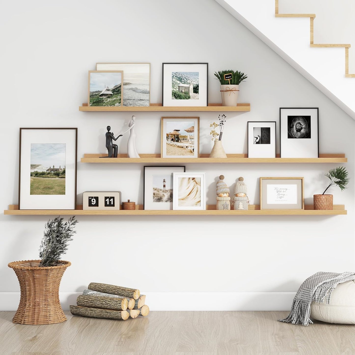 4-Pack 72 Inch Wall Mounted Floating Picture Ledge Shelves, Modern Oak Style, Perfect for Displaying Photos, Books, Collectibles, and More