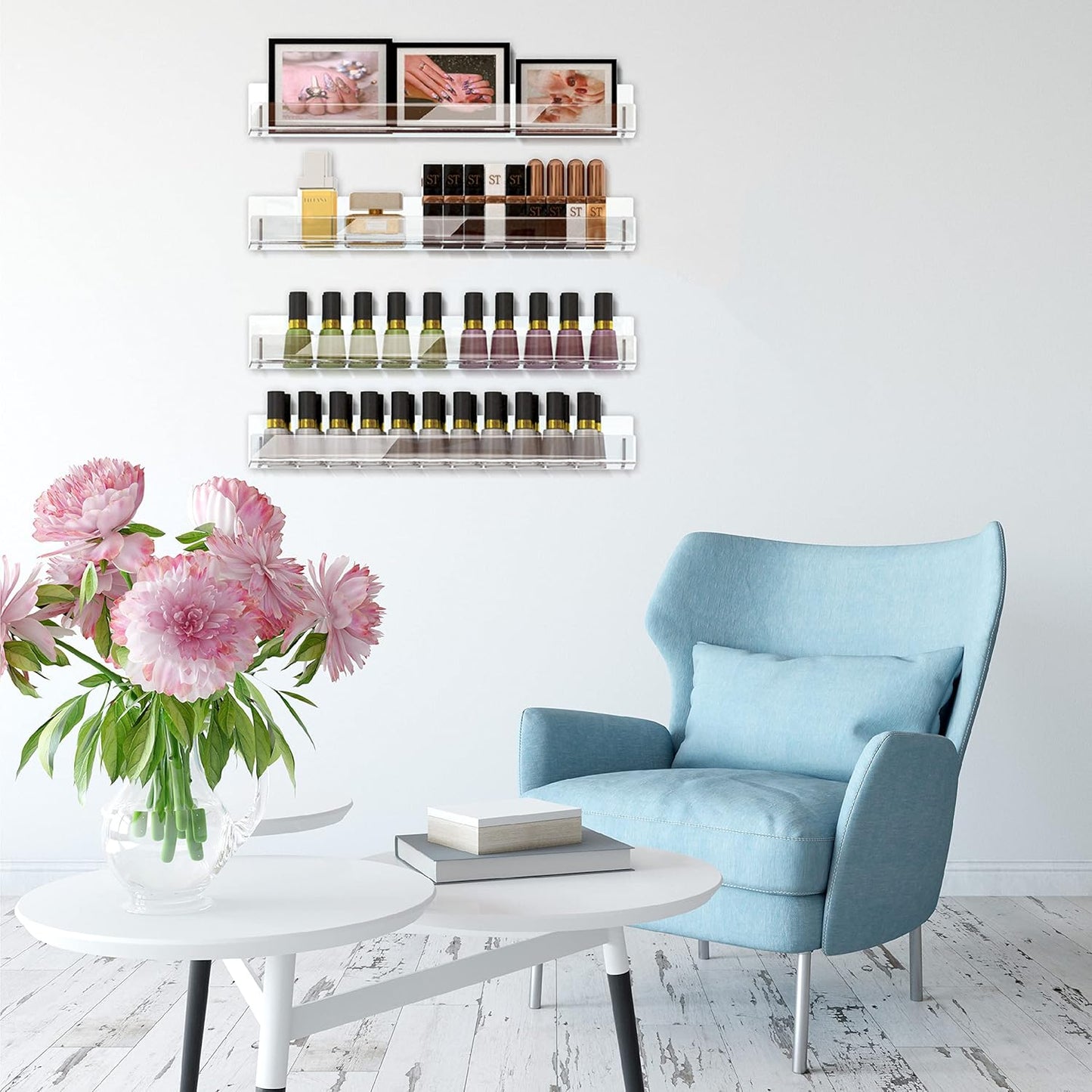 4 Pack 15 Inch Clear Acrylic Shelves, Clear Kids Floating Bookshelf for Kids Room, Modern Nail Polish Rack Sunglasses Essential Oil Picture Ledge Display Toy Storage Wall Shelf