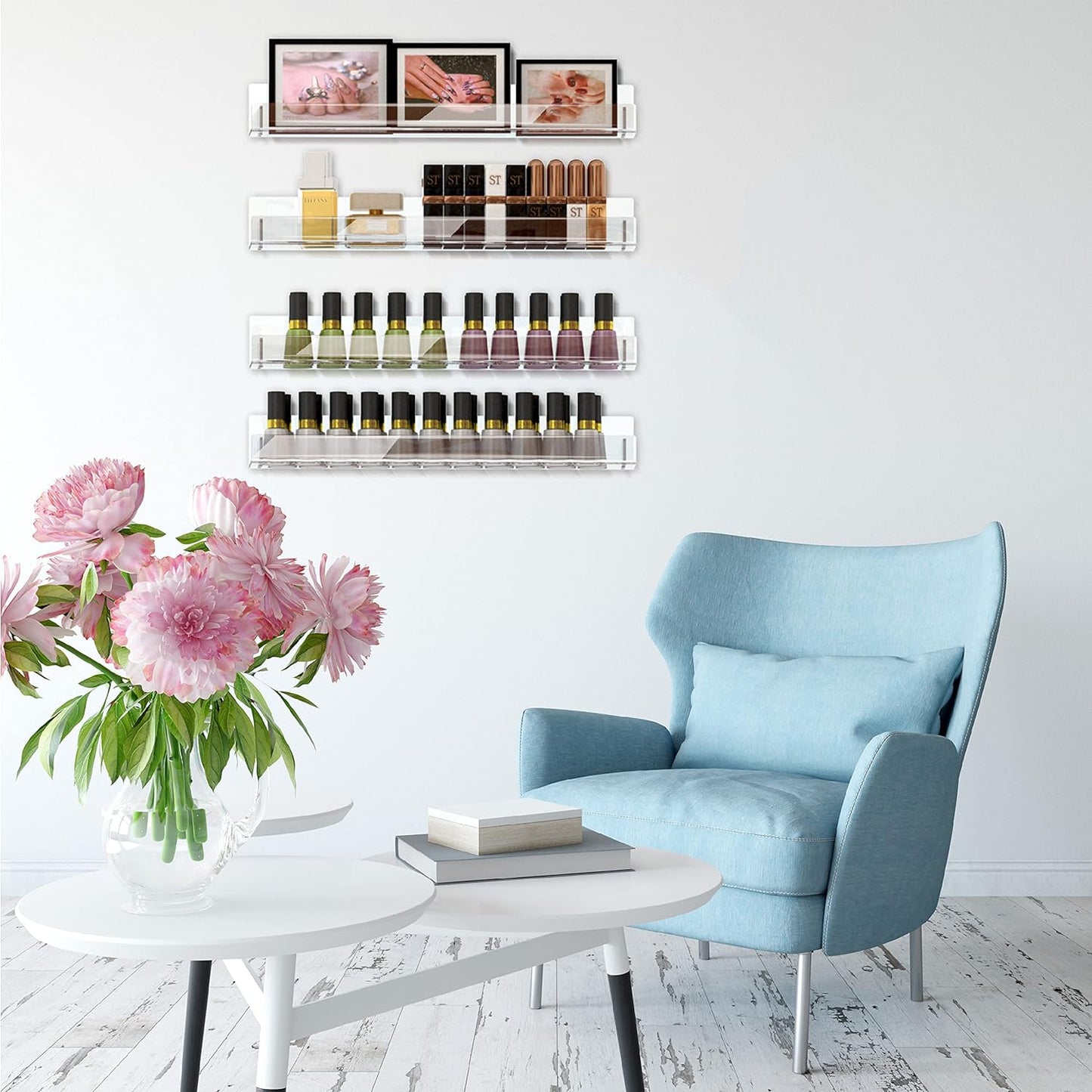 8 Pack 15 Inch Clear Acrylic Shelves, Clear Kids Floating Bookshelf for Kids Room, Modern Nail Polish Rack Sunglasses Essential Oil Picture Ledge Display Toy Storage Wall Shelf