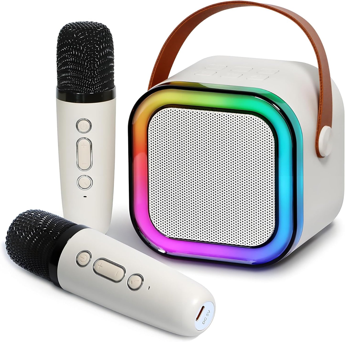 Mini Karaoke Machine for Kids with 2 Wireless Microphones and Lights, Bluetooth Connect Phone to Sing, 4-12+ Year Old Girl Boy Birthday Gifts, Teen Girl Gifts Trendy Stuff (Beige)