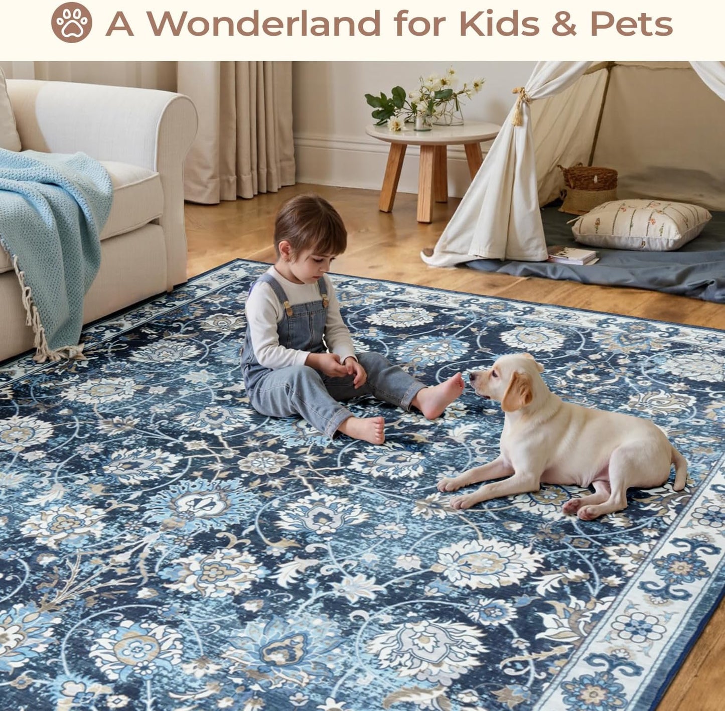 6x9 Area Rug for Living Room & Bedroom, Washable Non-Slip Vintage Rugs, Floral Soft Carpet, Low Pile Wool Carpets for Indoor Dining Home Office Playroom Under Table, Modern Decor, Blue Garden