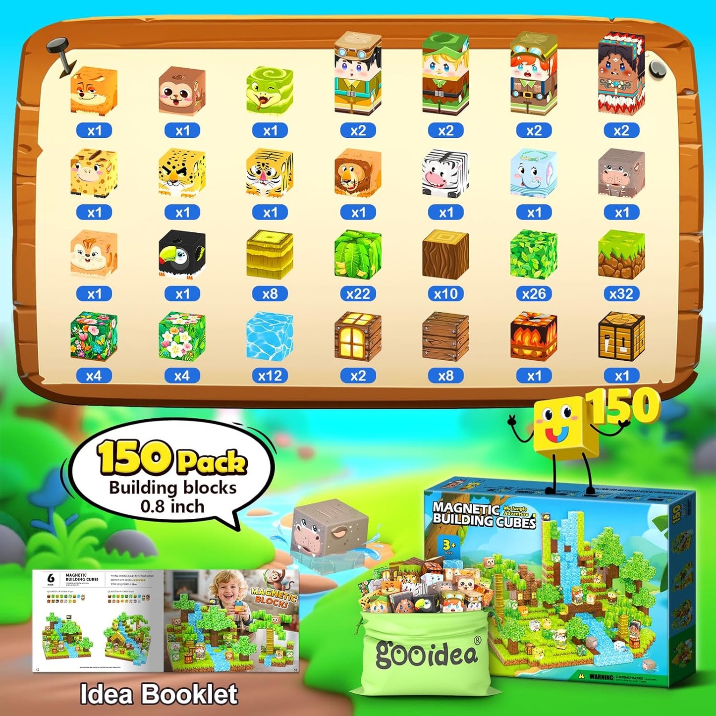 150 Magnetic Blocks – Mine Magnet Game Building Craft, STEM Constructions Toy, Jungle Animals, Sensory Stacking Cubes Kids Toys, Christmas Birthday Gifts for Boys Girls Age 3-5, 5-7, 4-8, 8-12