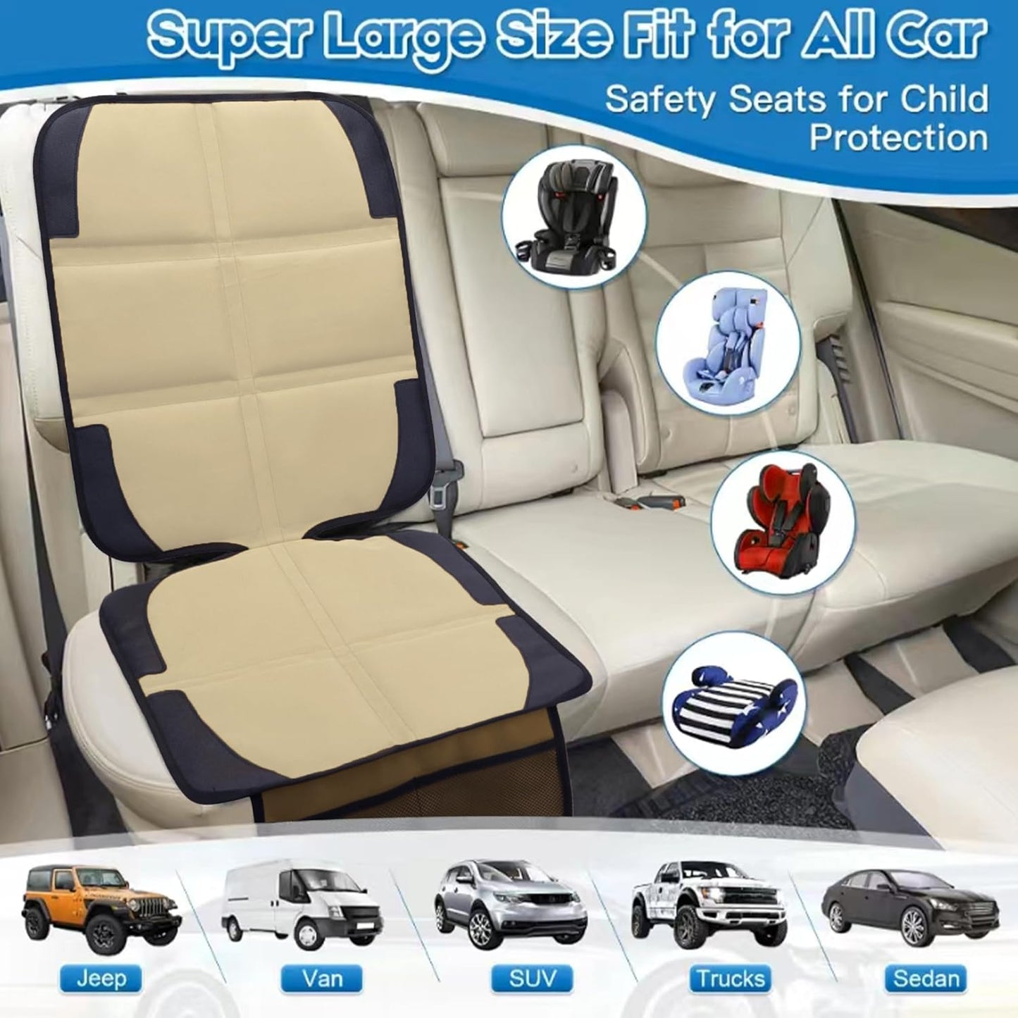 Car Seat Protector for Child Car Seat, 2 Pack Baby Car Seat Covers with Mesh Pockets & Non-Slip Backing 600D Durable Seat Protector