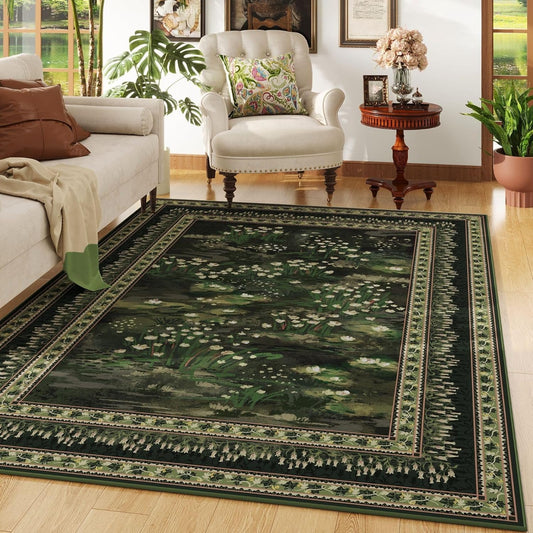 Area Rugs 8x10 Clearance Impressionist-Style Vintage Washable Area Rug Non Slip Low Pile Large Rug for Bedroom Farmhouse Dining Room Kids Playroom, Green