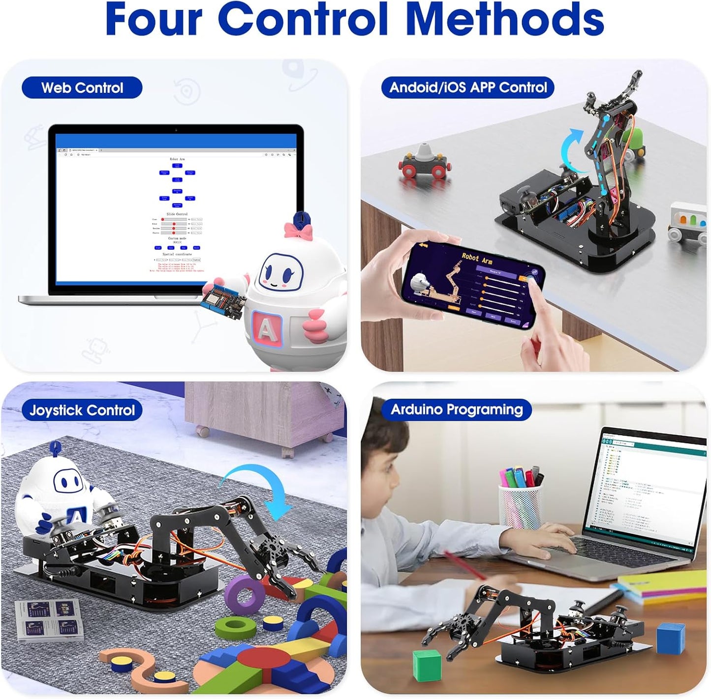 4DOF Robotic Arm Kit for Kids Compatible with Arduino IDE, Programming ESP32 Smart Robot Arm Building Kit STEM Educational Desktop Toy with Joystick and Web App Control for Children Ages 8+ and Adults