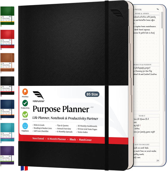 Roterunner Purpose Planner Notebook B5 7.5”x9.8” Undated 2025 Daily Weekly and Monthly Productivity Goal Setting Tool for Work Home ADHD for Adults Self Care Journal