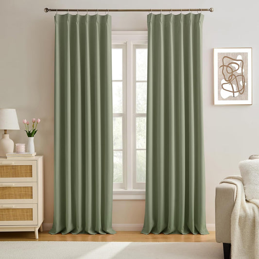 KEQIAOSUOCAI Light Sage Blackout Curtains Pinch Pleat Green Drapes 96 Inches Long 2 Pieces, Elegant Thermal Insulated Black Out Window Panels for Living Room Bedroom 40 x 96 inch Sage Green