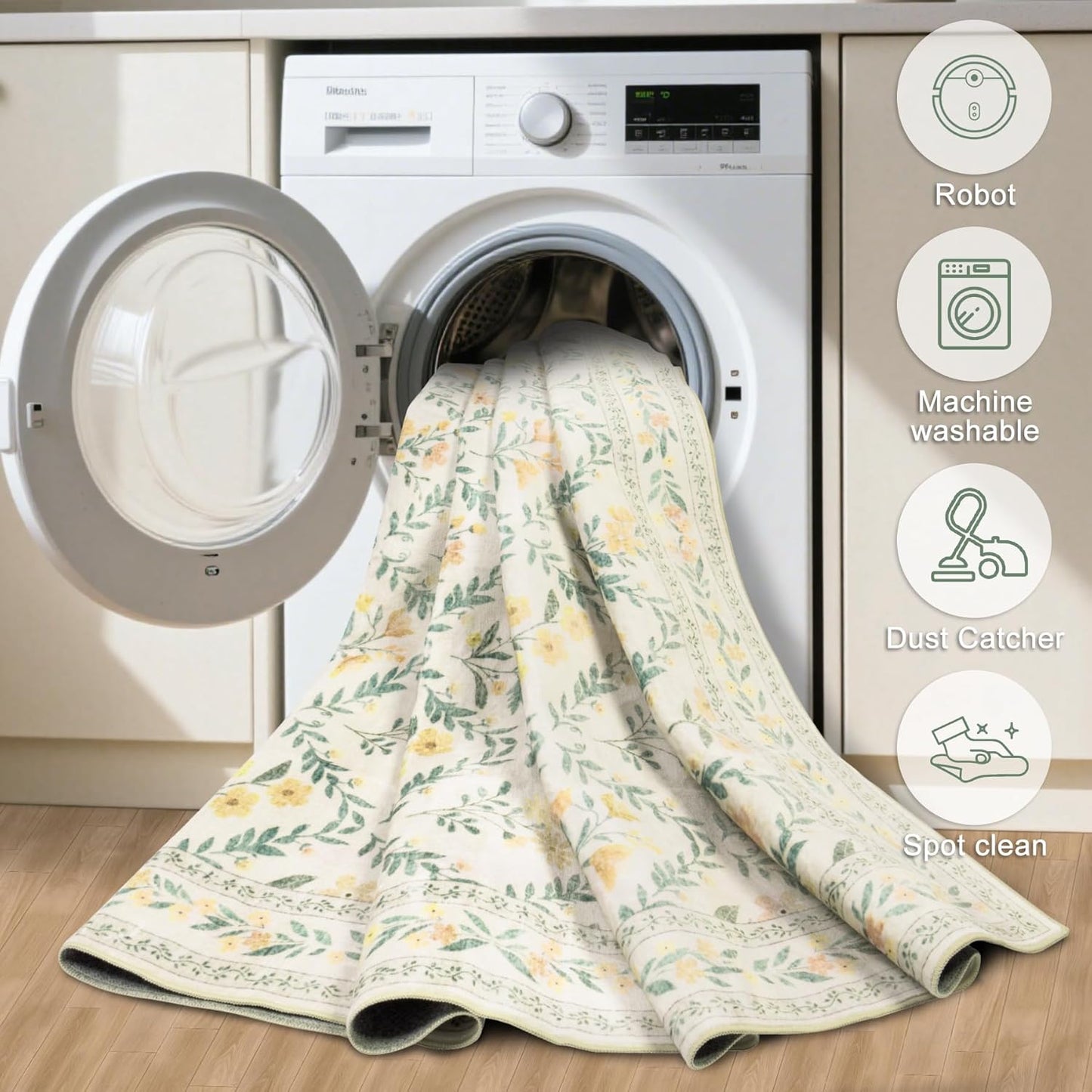 Area Rugs 9x12 Living Room: Floral Washable Rug Vintage Large Soft Boho Non-Slip Carpet Indoor Floor Stain Resistant Low Pile Carpets for Bedroom Dining Room Farmhouse Nursery Home Office Beige/Multi