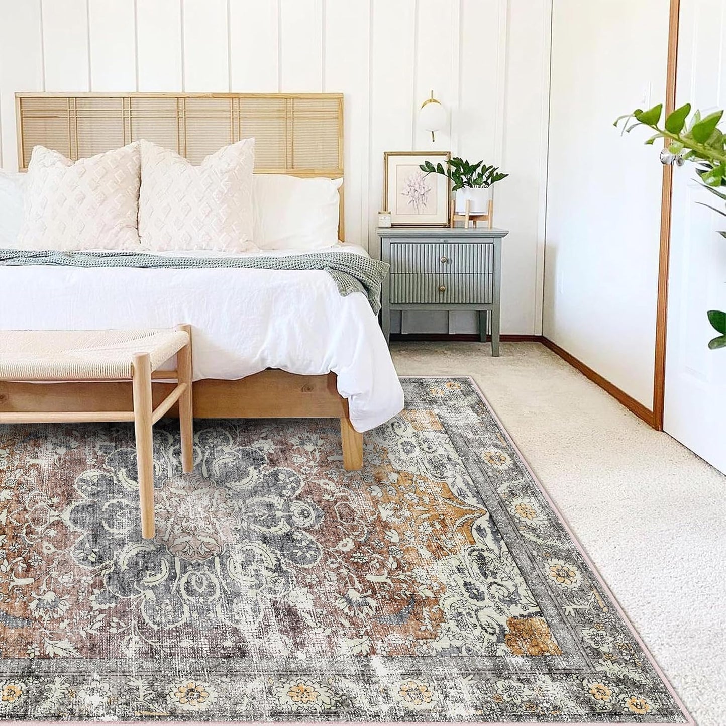 Area Rug 10x14 Washable Taupe Vintage Traditional Mat Distressed Indoor Foldable Thin Rug Retro Accent Floral Non Slip Carpet for Living Room Dining Room Office