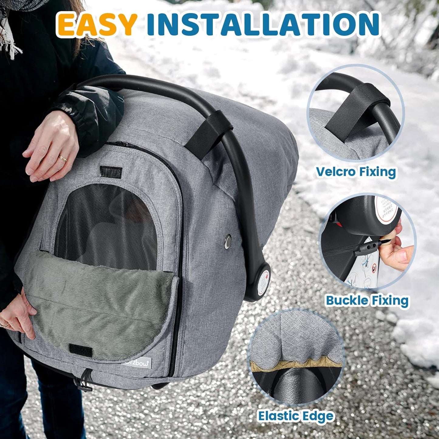 Orzbow Winter Car Seat Cover for Babies, Waterproof Carseat Canopy Cover with Peep Window of Breathable Mesh, Warm and Cozy Baby CarSeat & Carrier Covers for Cold Weather, Machine Washable, Light Grey