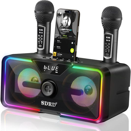 SD-215 Bluetooth Karaoke Machine for Adults & Kids- 2 Wireless Mics, 80W Powerful Sound, Rechargeable,15-Hour Playing, 6500mAh, LED Lights, Supports BT/USB/AUX for Home Parties Outdoor Gatherings